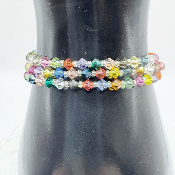 Colorful Rainbow Bicone Crystal Bead Triple Strand Bracelet Sterling Silver - Picture 3 of 8